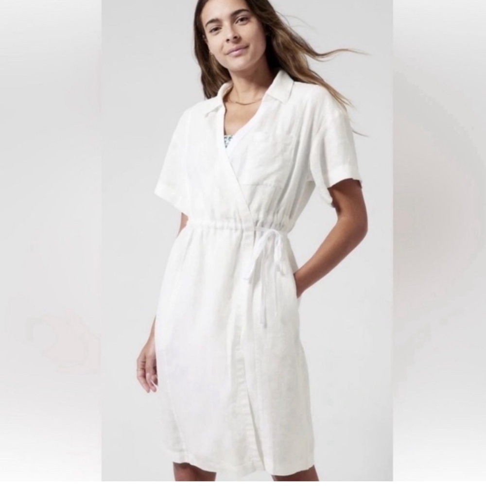 Athleta Playa Linen Wrap Midi Dress Size 2 Coastal White Collared Front Pocket